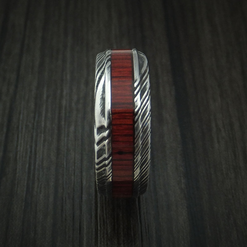 Kuro Damascus Steel Ring with Cocobolo Hardwood Inlay Custom Made Band