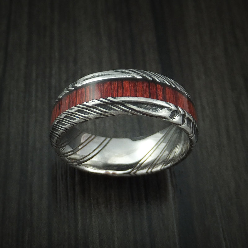 Kuro Damascus Steel Ring with Cocobolo Hardwood Inlay Custom Made Band