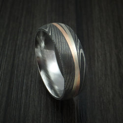 Damascus Steel Ring with Diagonal 14K Rose Gold and White Gold Inlays Wedding Band Custom Made