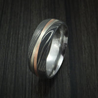 Damascus Steel Ring with Diagonal 14K Rose Gold and White Gold Inlays Wedding Band Custom Made