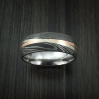 Damascus Steel Ring with Diagonal 14K Rose Gold and White Gold Inlays Wedding Band Custom Made
