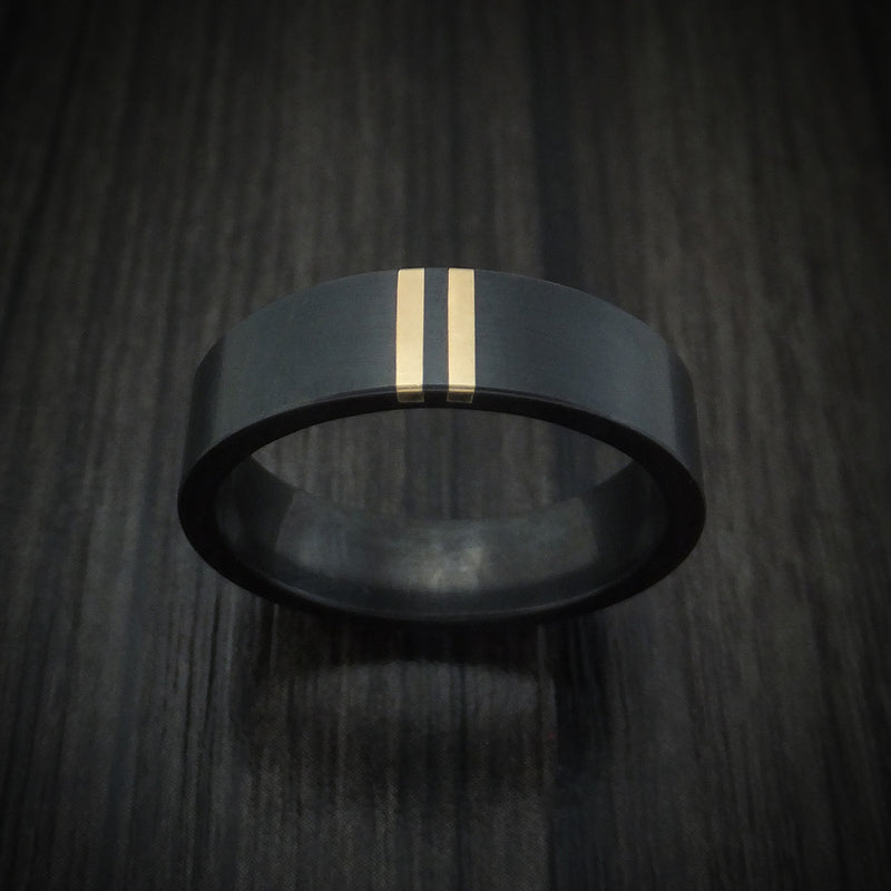 Black Zirconium Ring with Double 14K Gold Inlays Custom Made