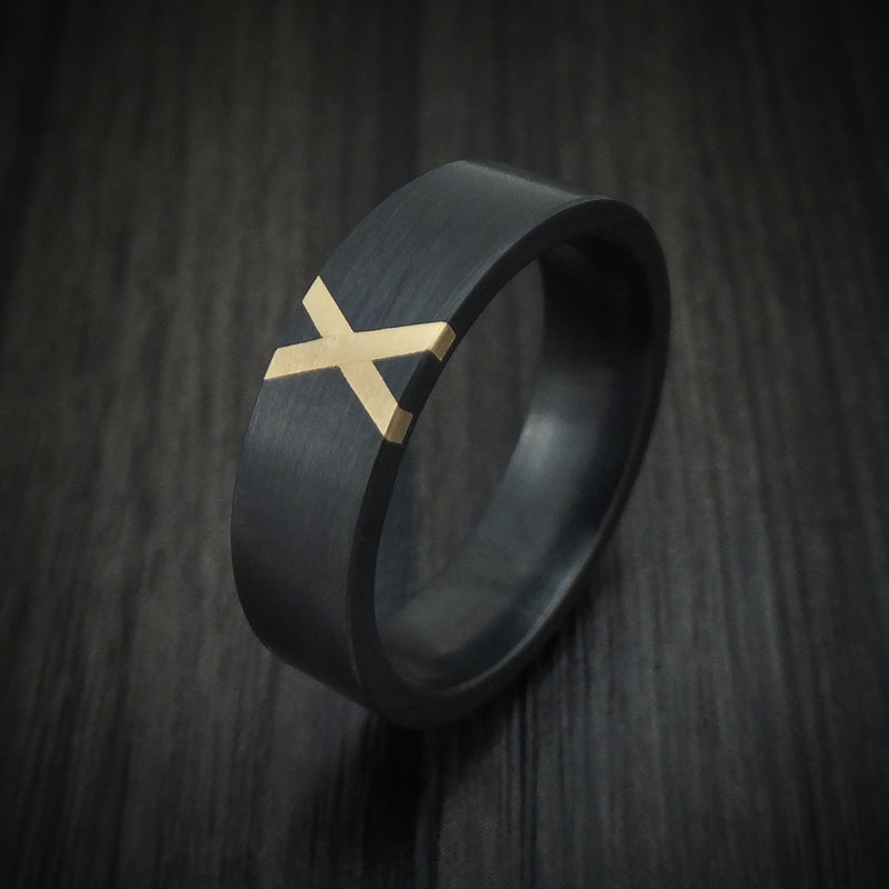 Black Zirconium Ring with X Shaped 14K Gold Inlay Custom Made