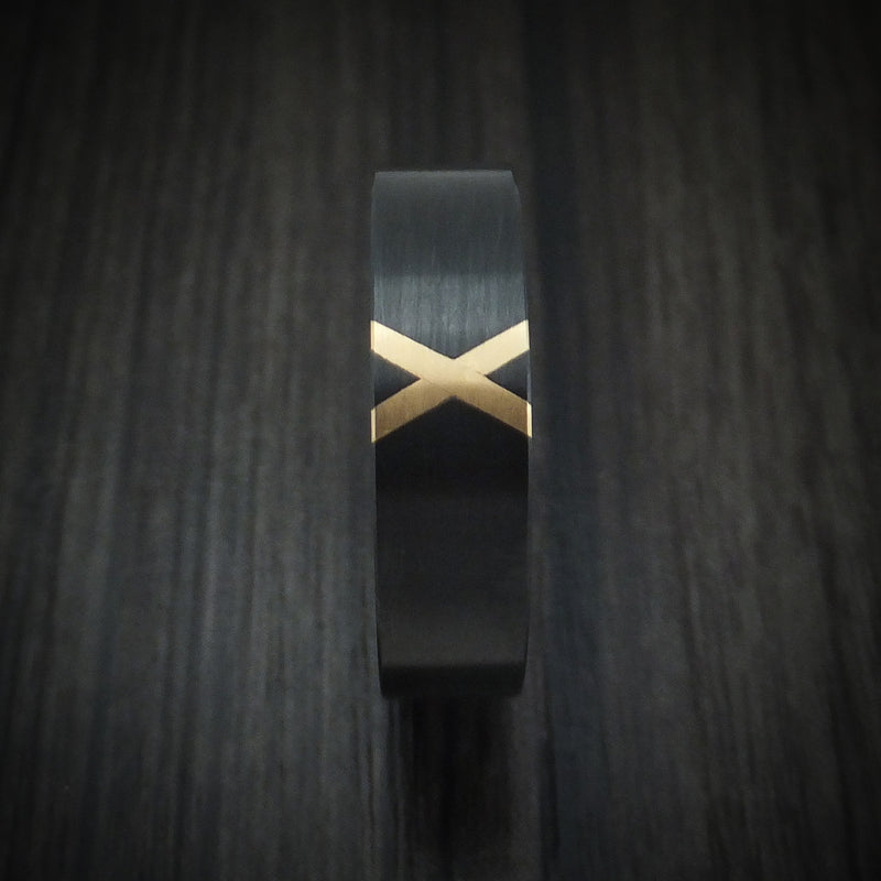 Black Zirconium Ring with X Shaped 14K Gold Inlay Custom Made