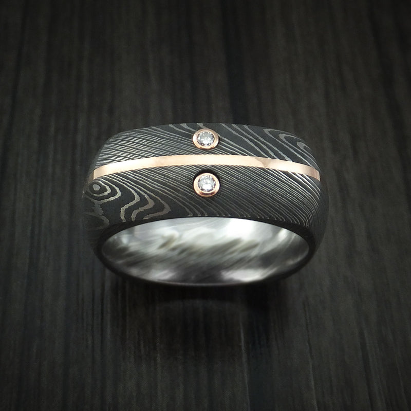 Damascus Steel Square Band with 14k Rose Gold and Diamonds Custom Made Ring