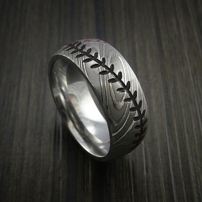 Damascus Steel Baseball Ring with Polish Finish