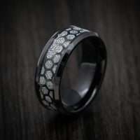 Black Tungsten Men's Ring with Faux Meteorite and Honeycomb Pattern