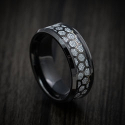 Black Tungsten Men's Ring with Faux Meteorite and Honeycomb Pattern