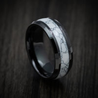 Black Tungsten Men's Ring with White Marble Inlay