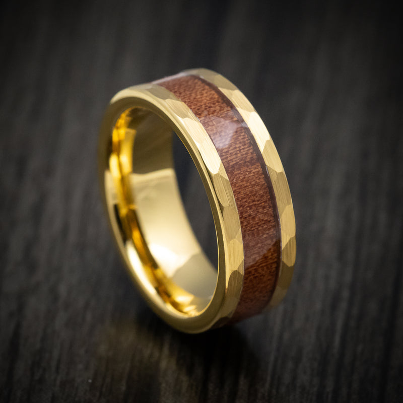 Yellow Gold Tungsten Men's Ring with Hawaiian Koa Wood Inlay
