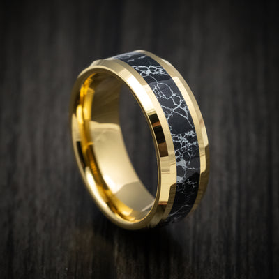 Golden Tungsten Men's Ring with Black Turquoise Inlay
