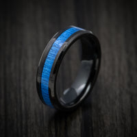 Black Tungsten Men's Ring with Blue Bamboo Inlay