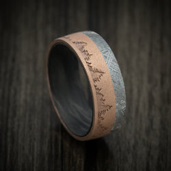 14K Gold Men's Ring with Meteorite Inlay Forged Carbon Fiber Sleeve and Trees Design