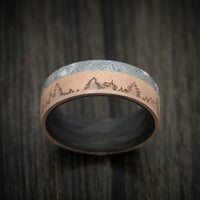 14K Gold Men's Ring with Meteorite Inlay Forged Carbon Fiber Sleeve and Trees Design