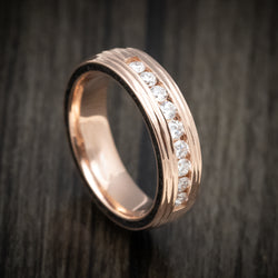 14K Gold Men's Ring with Lab Diamonds and Dinosaur Bone Side Inlays Custom Made Band