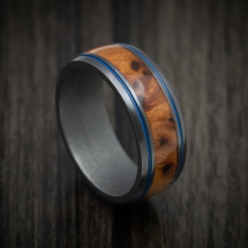 Black Zirconium and Hardwood Men's Ring with Cerakote Inlays and Sleeve Custom Made