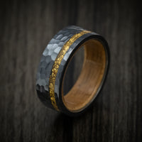 Black Zirconium and 24K Raw Gold Nugget Men's Ring with Wood Sleeve Custom Made Band