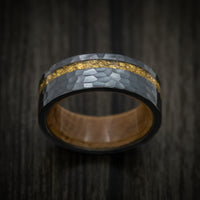 Black Titanium and 24K Raw Gold Nugget Men's Ring with Wood Sleeve Custom Made Band
