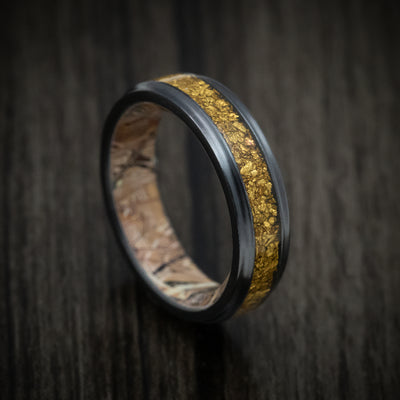 Black Titanium or Black Zirconium Custom Men's Ring with 24K Raw Gold Nugget Inlay and a Camo Sleeve