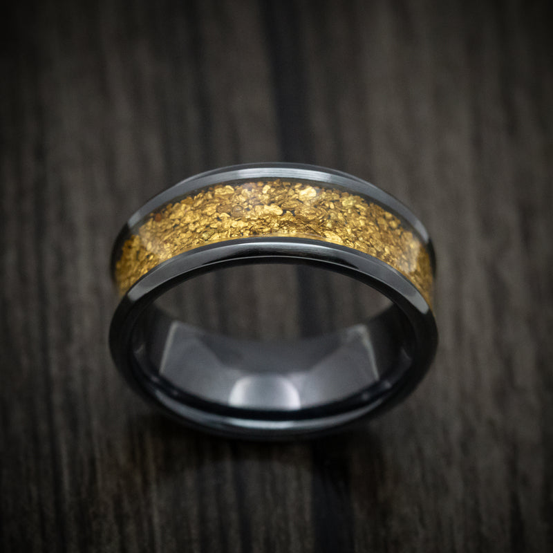Black Zirconium and 24K Raw Gold Nugget Men's Ring Custom Made Band
