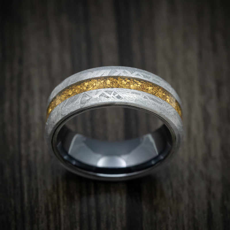 Gibeon Meteorite and Black Titanium Men's Ring with 24K Raw Gold Nugget Inlay Custom Made Band