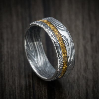 Marble Kuro Damascus Steel and 24K Raw Gold Nugget Men's Ring Custom Made Band