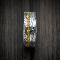 Marble Kuro Damascus Steel and 24K Raw Gold Nugget Men's Ring Custom Made Band
