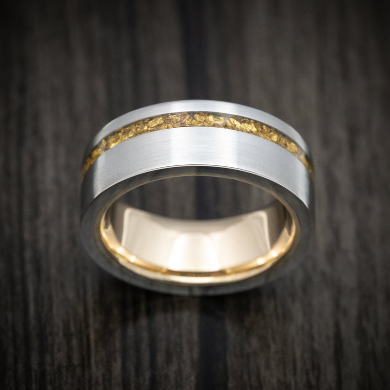 Titanium and 24K Raw Gold Nugget Men's Ring with 14K Gold Sleeve Custom Made Band