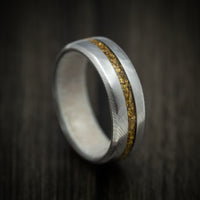 Damascus Steel Men's Ring with 24K Raw Gold Nugget and Antler Sleeve