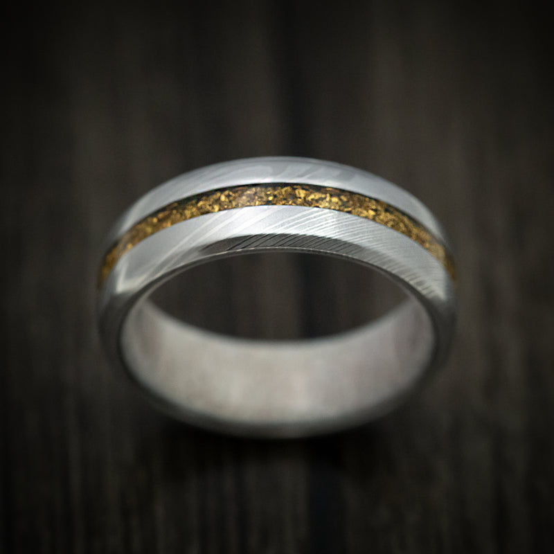 Damascus Steel Men's Ring with 24K Raw Gold Nugget and Antler Sleeve