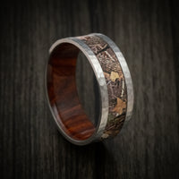 Hammered Titanium Men's Ring with Camo Inlay and Wood Sleeve Custom Made Wedding Band