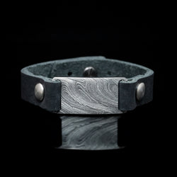 Kuro Damascus Steel Men's Flat Leather Bracelet Custom Made