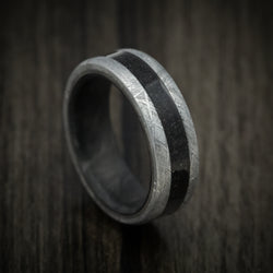 Gibeon Meteorite Men's Ring with Dinosaur Bone Inlay and Forged Carbon Fiber Sleeve