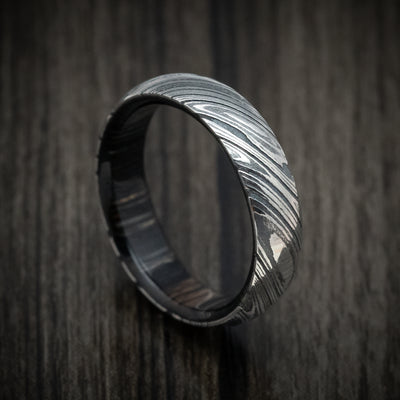 Woodgrain Kuro Damascus Steel Men's Ring With Hardwood Sleeve Custom Made Wood Band