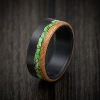 Carbon Fiber Men's Ring with Whiskey Barrel Wood and Green Turquoise