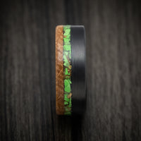 Carbon Fiber Men's Ring with Whiskey Barrel Wood and Green Turquoise