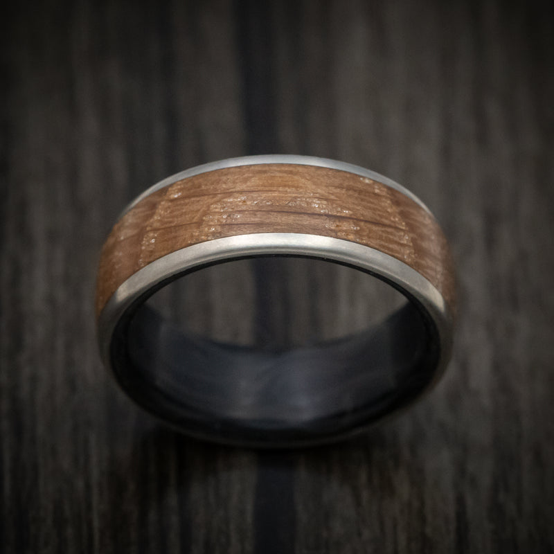 Titanium and Carbon Fiber Men's Ring with Whiskey Barrel Wood Inlay