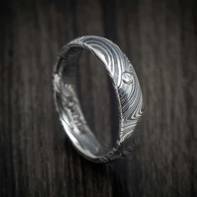 Marble Kuro Damascus Steel Men's Ring with Round Diamond Custom Made