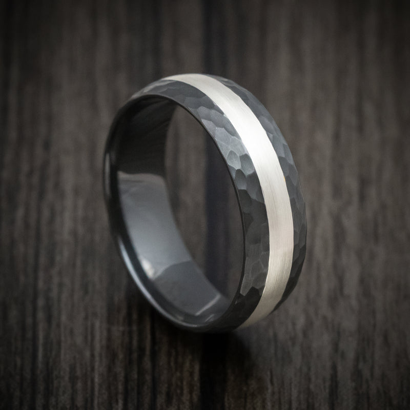 Black Zirconium Hammered Men's Ring with Sterling Silver Inlay