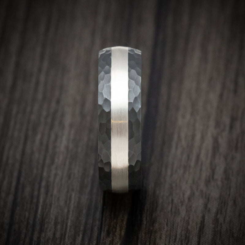 Black Titanium Hammered Men's Ring with Sterling Silver Inlay