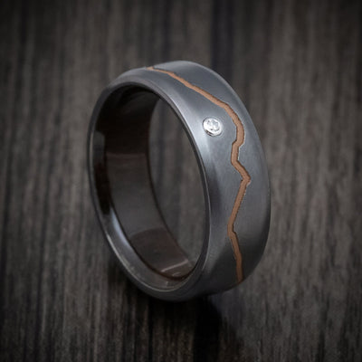 Black Titanium or Black Zirconium Custom Men's Ring with a Diamond, Custom Mountain Milling, and Hardwood Interior Sleeve