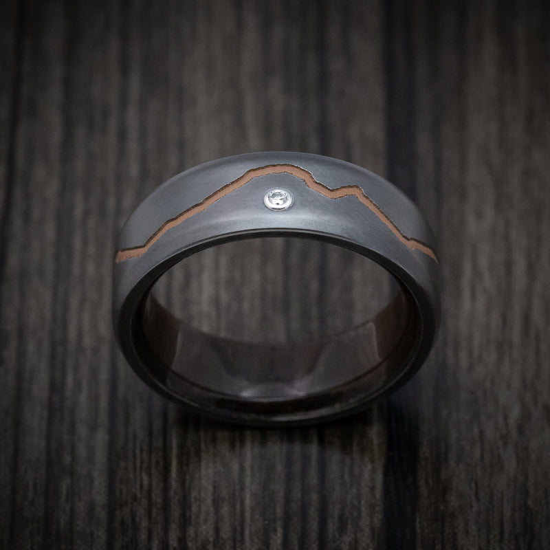 Black Zirconium Diamond Men's Ring With Custom Mountain Milling And Hardwood Interior Sleeve Custom Made