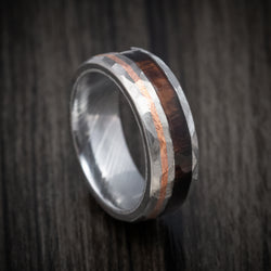 Titanium and Hardwood Men's Ring with Copper Inlay and Damascus Steel Sleeve