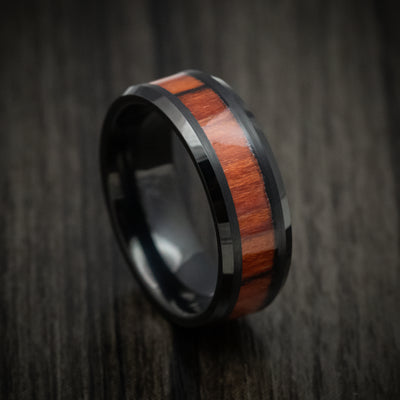 Black Tungsten Men's Ring with Mahogany Wood Inlay Band