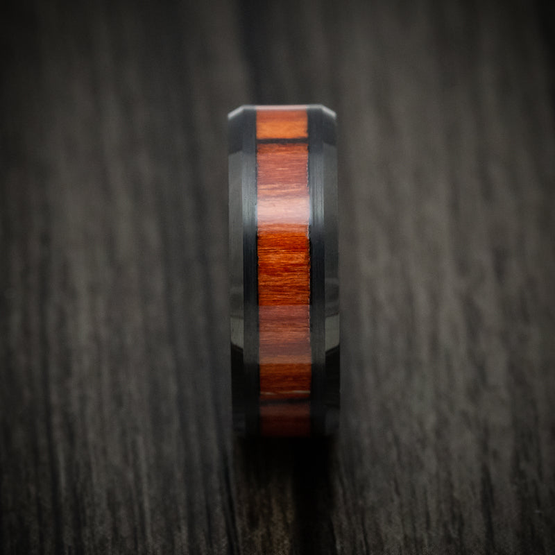 Black Tungsten Men's Ring with Mahogany Wood Inlay Custom Made Band