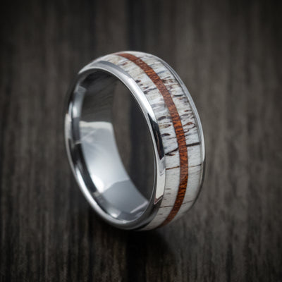 Tungsten Men's Ring with Antler and Whiskey Barrel Wood Inlays Band