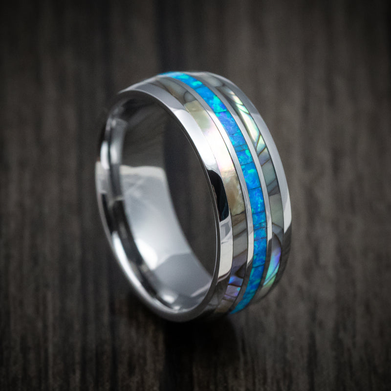 Tungsten Men's Ring with Opal and Mother of Pearl Inlays Custom Made Band