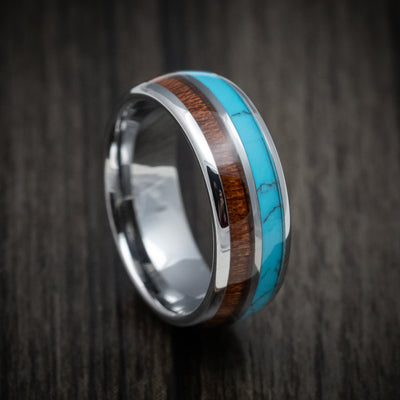 Tungsten Men's Ring with Turquoise and Koa Wood Inlays Band