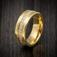 Yellow Gold Tungsten Men's Ring with White Stones Custom Made Band