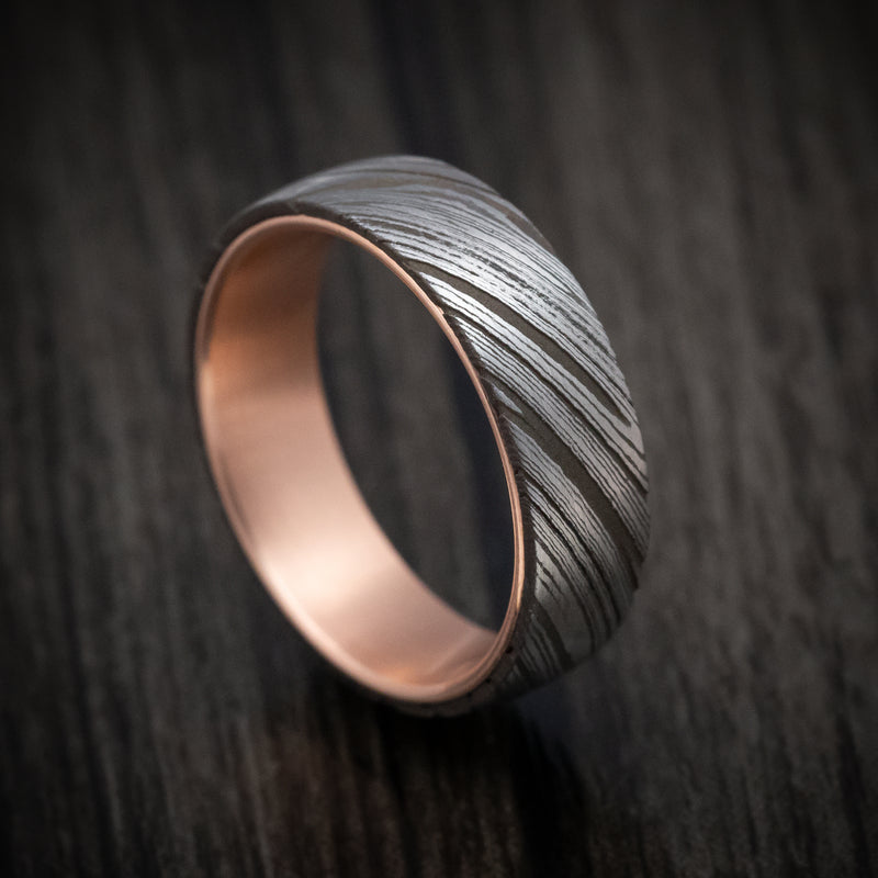 Damascus Steel Mens Ring with 14K Rose Gold Sleeve